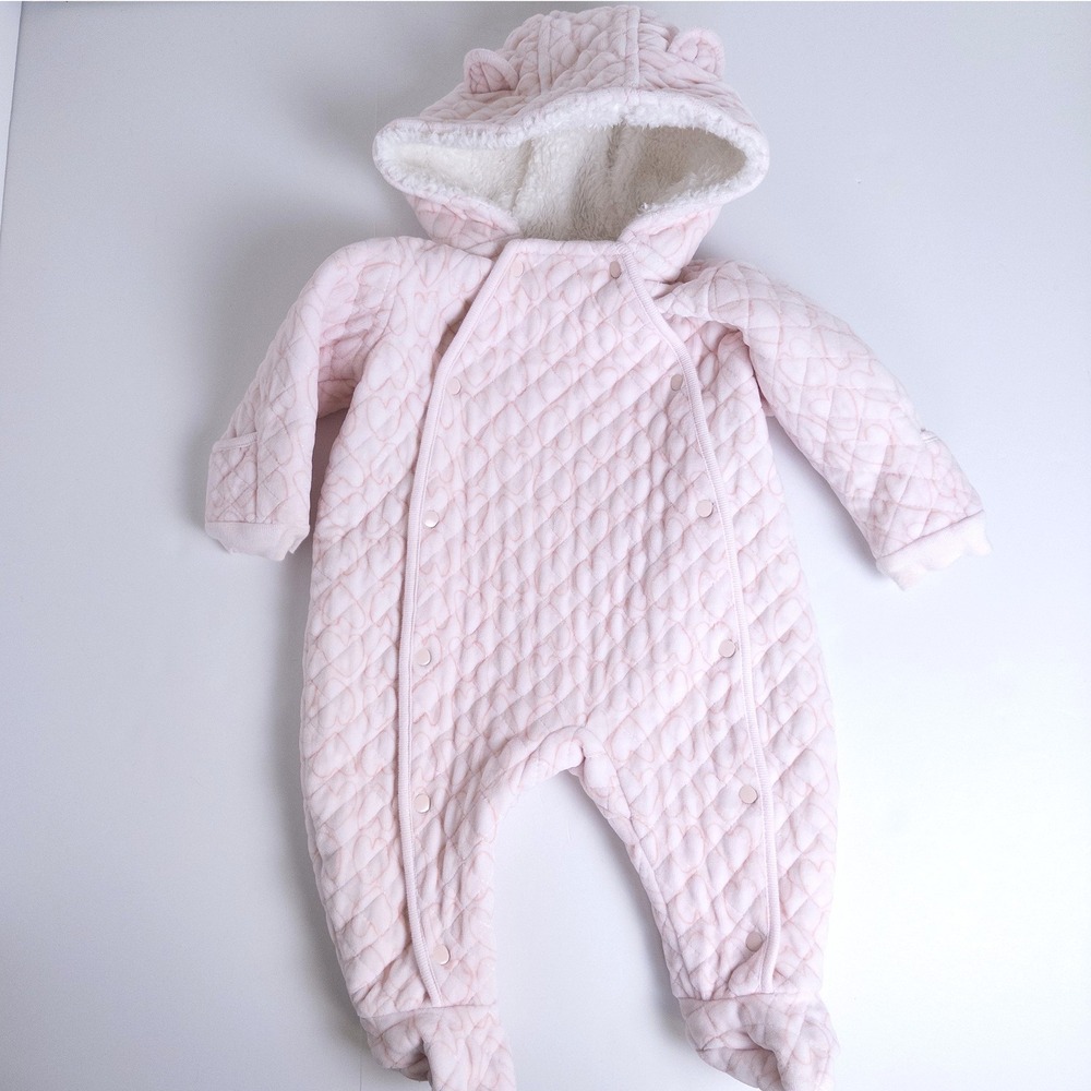 Nordstrom Quilted Heart Pram Suit Baby 6M Pink Fleece Hood‎ Bear Ears